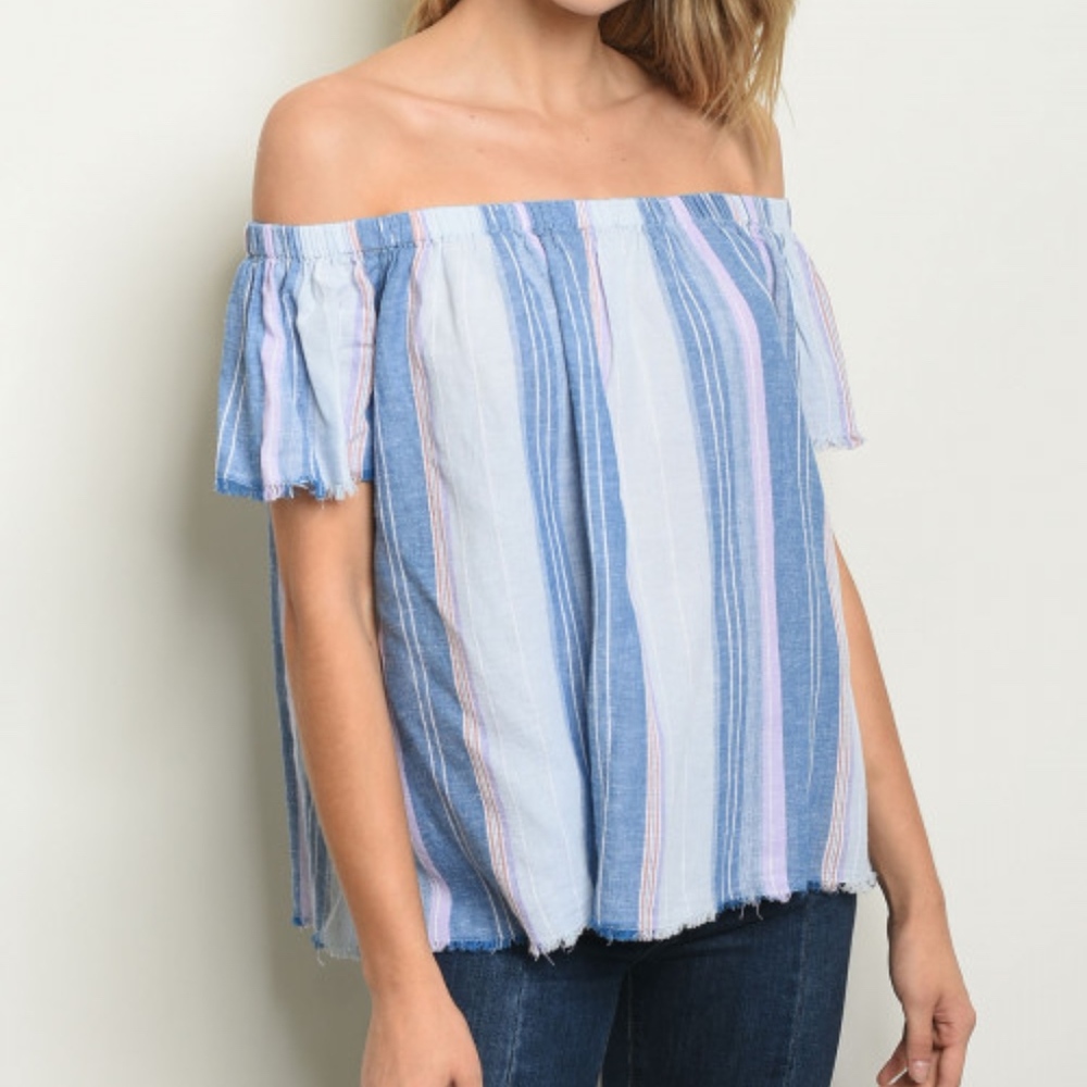 GIRLY & FLIRTY OFF SHOULDER BLUE & LILAC TOP - Picture 2 of 3